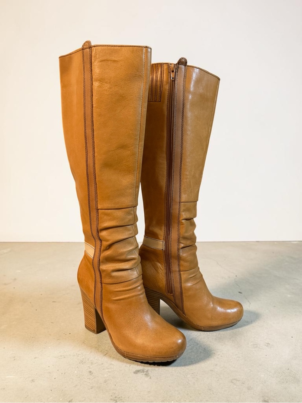 Seychelles Cognac Brown Leather Knee High Boots Chunky Heel Boho